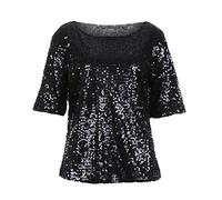Womens Sequin Sparkle Tops Shimmer Glitter Round Neck Short Sleeve Shirt Summer Disco Party Tee Shirts Tunic Blouse (A-Black, XL)