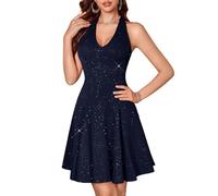 Women's Sequin Sparkly Glitter Navy Blue Dress for Women 2025 Fall Elegant Sexy Halter Backless Party Club Mini Homecoming Dress Navy S