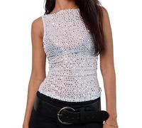 Women's Sequin Tank TopsSleeveless Slim Fit Sheer See Through Vest Glitter Camisole for Women Girl (White, S)