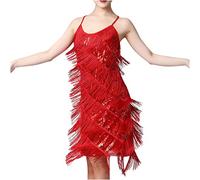 Womens Sequin Tassel Fringe Party Dress Sleeveless Spaghetti Straps Flapper Cocktail Mini Dresses 1920s Flapper Salsa Tango Samba Ballet Dance Wear Red
