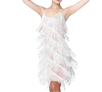 Womens Sequin Tassel Fringe Party Dress Sleeveless Spaghetti Straps Flapper Cocktail Mini Dresses 1920s Flapper Salsa Tango Samba Ballet Dance Wear White