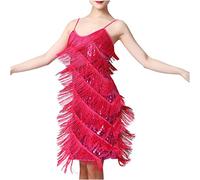 Womens Sequin Tassel Fringe Party Dress Sleeveless Spaghetti Straps Flapper Cocktail Mini Dresses 1920s Flapper Salsa Tango Samba Ballet Dance Wear Hot Pink
