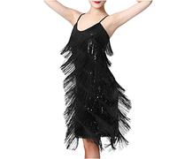 Womens Sequin Tassel Fringe Party Dress Sleeveless Spaghetti Straps Flapper Cocktail Mini Dresses 1920s Flapper Salsa Tango Samba Ballet Dance Wear Black