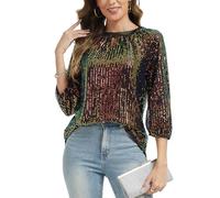 Women's Sequin Top 3/4 Sleeve Keyhole Neck Blouse Tunic Black Multicolour M