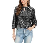 Women's Sequin Top 3/4 Sleeve Keyhole Neck Blouse Tunic Black Silvery S