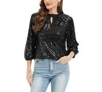 Women's Sequin Top 3/4 Sleeve Keyhole Neck Blouse Tunic Party Black M