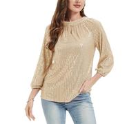 Women's Sequin Top 3/4 Sleeve Keyhole Neck Blouse Tunic Party Champagne M