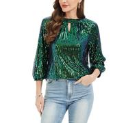 Women's Sequin Top 3/4 Sleeve Keyhole Neck Blouse Tunic Party Green M