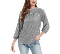 Women's Sequin Top 3/4 Sleeve Keyhole Neck Blouse Tunic Party Grey S