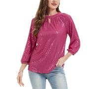 Women's Sequin Top 3/4 Sleeve Keyhole Neck Blouse Tunic Party Hot Pink S