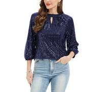 Women's Sequin Top 3/4 Sleeve Keyhole Neck Blouse Tunic Party Navy XXL