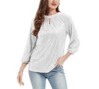 Women's Sequin Top 3/4 Sleeve Keyhole Neck Blouse Tunic Party Silvery XXL