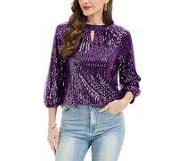 Women's Sequin Top 3/4 Sleeve Keyhole Neck Blouse Tunic Party Violet XL