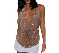 Women's Sequin Top Deep V Neck Halterneck Vest Tops Loose Flowy Sparkly Blouse Tunic Tees Sleeveless Camisole Sparkle Vest Tops for Cocktail Evening Party Club Night Out