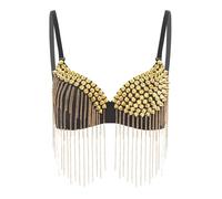 Womens Sequin Top Fringe Bra Top Sparkly Belly Dance Tops Tassel Bustier Bikini Rave Crop Top (Gold, S)