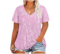 Women's Sequin Top Plus Size Sequin Top Short Sleeve V Neck Party Top Sexy Tops for Women UK Womens Sparkly Tops Glitter Tops for Women UK Oversized Shining Glitter Blouse Shirts Pullover