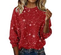 Womens Sequin Top Sparkle Jumpers for Women UK Plus Size Sequin Crew Collar Long Sleeve Knitted Tops Glittery Tunic Thick Cotton Glitzy Jumper Casual Lapel Sweater Sparkly Christmas Jumper Red l