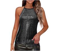 Women's Sequin Top Sparkly Halterneck Sequin Vest Glitter Camisole Top Shining Shirt Cami Sleeveless Party Top for Party Club Night Out Black