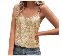 Womens Sequin Top V Neck Strappy Sparkle Camisole Glitter Sleeveless Tanks Tops Chain Strap Cami Party Vest Spaghetti Straps Top Sleeveless Blouses Shiny Glitter Sexy Club Camisole Tops Gold