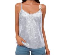Womens Sequin Top V Neck Strappy Sparkle Camisole Glitter Sleeveless Tanks Tops Chain Strap Shimmer Cami Party Vest Shimmer Sequin Deep V-Neck Strap Sparkle Crop Tank White