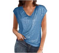 Women's Sequin Tops Cap Short Sleeve T Shirts Sparkly Tops Sexy V Neck Shimmer Shirt Tops Loose Fit Party Club Cocktail Shirt Glitter Elegant Party Blouse Solid Polluer Tunic Light Blue