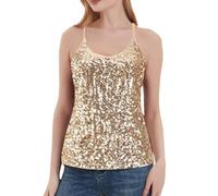 Women's Sequin Tops Glitter Party Straps Tank Top, gold, L