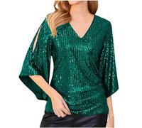 Womens Sequin Tops Loose Fit Dressy 3/4 Sleeve V Neck Sparkly Glitter Blouse Three Quarter Sleeve Sequined Blouses Elegant Sexy Ladies Tops for Evening PartyClubCocktail