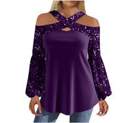 Womens Sequin Tops One Shoulder Short Sleeve Sparkly Blouses for Party Disco Concert Outfits Rave Festival Outfits Travel Vacation Plus Size Spring Clothes Fancy Dress Disco Retro(Purple,XL)