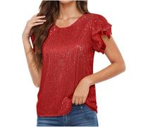 Women's Sequin Tops Ruffle Short Sleeve Glitter Sparkly Blouse Crew Neck Tunic Tops Women's Blouses & Shirts Elegant Shimmer Glitter Top Party Club Blouses Ladies Evening Tops Going Out Shirt
