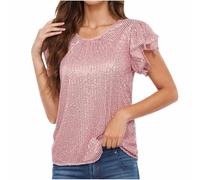 Women's Sequin Tops Ruffle Short Sleeve Glitter Sparkly Blouse Crew Neck Tunic Tops Women's Blouses & Shirts Elegant Shimmer Glitter Top Party Club Blouses Ladies Evening Tops Going Out Shirt