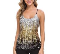 Women's Sequin Tops, Sleeveless Glitter Camisole Party Tank Top, Sexy Sparkle Scoop Neck Tunic Vest with Adjustable Spaghetti Strap, Daily Sequined Slim Blouse Shirts for Dance Night Club Performance