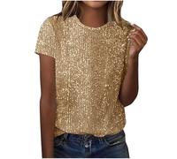 Womens Sequin Tops Sparkly Glitter Shiny Blouse Ladies Elegant Crew Neck Short Sleeve Loose Shirts Party Tank Top Festival Dress Tunic Tee Evening Night Going Out Prom Club Shimmer Christmas M Gold