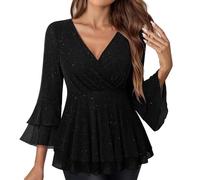 Womens Sequin Tops UK Sparkly V Neck Blouses Pleated Elegant 3/4 Flared Sleeve Tunic Top Ladies Loose Double Layers Mesh Shirts Shiny Glitter Tee Shirt Casual Baggy Evening Party Club Cocktail Wedding
