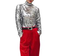 Women's Sequin Turtleneck Top - Sexy Long Sleeve Tunic Top Women Sequins Large Size Shiny Party Tops Slim Fit Classi Sequins Versatile Slim Charming Party Blouses, Silver, 3XL