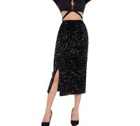 Women's Sequin Velvet Skirt Elastic High Waist Split Hem Maxi Skirt for Going Out Party, black, S