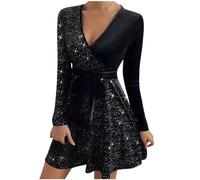 Women's Sequin Velvet V Neck Dress - Elegant Party Long Sleeve Cocktail Gown - Sparkly Glitter Evening Clubbing Prom Wedding Guest Attire - Black