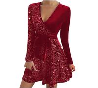 Women's Sequin Velvet V-Neck Elegant Party Dress - Sexy Ruched Long Sleeve Sparkly Glitter Evening Cocktail Clubbing Prom Wedding Guest Dress - Red