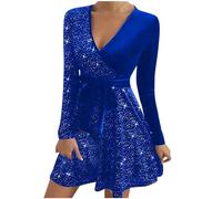 Women's Sequin Velvet V-Neck Elegant Party Dress - Sexy Ruched Long Sleeve Sparkly Glitter Evening Cocktail Clubbing Prom Wedding Guest Dress - Blue