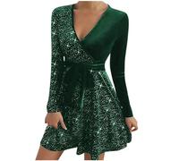 Women's Sequin Velvet V-Neck Elegant Party Dress - Sexy Ruched Long Sleeve Sparkly Green Cocktail Evening Clubbing Prom Wedding Guest Dress