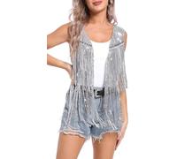 Women's Sequin Waistcoat Glitter Fringed Vest Sparkly Tassel Top Silver L