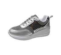 Womens Sequin Wedge Trainers Arch Support, Womens Trainers Sparkle Sequin, Large Size and Chunky Soled Sneakers Breathable Round Toe Sneakers Casual Lace Up Shoes Fashion Glitter Shoes Silver