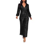 Womens Sequin Wrap Casual Jumpsuit Long Sleeve Belted Sequin Jumpsuit GlitterParty Wedding Dress up Outfits Elegant Formal Festival Club Clothing Festival Party Night Clubwear Streetwear Black