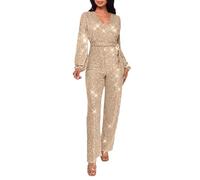 Womens Sequin Wrap Casual Jumpsuit Long Sleeve Belted Sequin Jumpsuit GlitterParty Wedding Dress up Outfits Elegant Formal Festival Club Clothing Festival Party Night Clubwear Streetwear Gold