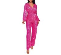 Womens Sequin Wrap Casual Jumpsuit Long Sleeve Belted Sequin Jumpsuit GlitterParty Wedding Dress up Outfits Elegant Formal Festival Club Clothing Festival Party Night Clubwear Streetwear Hot Pink