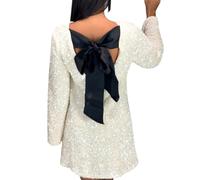 Women's Sequined Dress Ribbon Long Sleeve Party Night Out Club Festival Dresses,Shining Sequin Bowknot Mini Dress Round Neck Loose Oversized Sexy Sequin Short Dress for Party, Club (A-White, L)