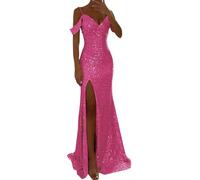 Women's Sequined Maxi Dress - Off Shoulder, Short Sleeve, Floor Length, Side Slit - Perfect for Prom, Parties, Weddings & Cocktail Events (XL)