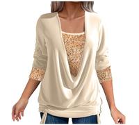 Women's Sequined Rhinestone Blouse - Sexy Long Sleeve Tee Shirt, Women's Top Faux Two Piece Loose Tops Smocks and U-Neck Sequins Tunic Long Sleeve Chic and Elegant Irregular Blouses