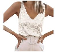Women's Sequined Vest for Women UK Sparkly Sequins Glitter Tops Tank Party Disco Vest Ladies Evening Glitter Top V Neck Sleeveless Top Spaghetti Straps Blouses Loose Business Casual Women (Beige, L)