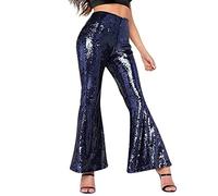 Women's Sequins Flare Pants Glitter Stretch Trousers Costumes Adult Ladies 60's/70's Disco Sequin Flare Pants Sparkly Glitter High Waisted Bell Bottom Trousers Disco Party Clubwear for Women Blue