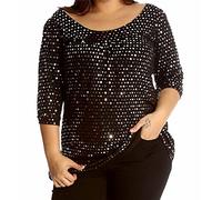 Womens Sequins Studded Glittery Blouse ¾ Sleeve Sparkly Tunic Top Ladies Winter Fashion Scoop Neck Xmas Shirt Silver UK 22-24
